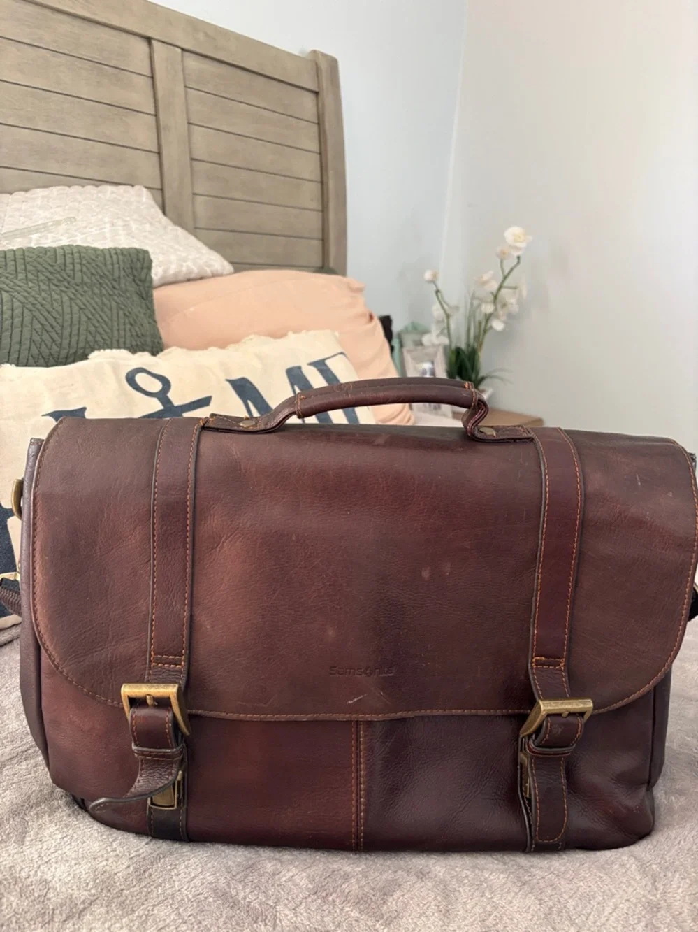 Samsonite® Leather Portfolio, Brown Leather Messenger Bag ‎ Men -